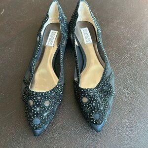 BADGLEY MISCHKA Gigi Flats Size 10  Black Satin Mesh Crystal Pointy Toe Shoes
